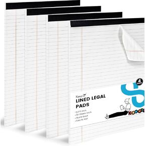 Koogel 4 Packs Legal Pads 8.5x11inch, 50 Sheets Wide Ruled Lined Perforated Notepads Writing Pads White Paper Pads for Student School Office