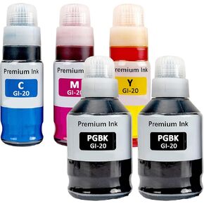 GI-20 GI20 Ink Refill Bottles Compatible for Canon PIXMA G6020 G7020 G5020 Printers 5 Color Multipack (5-Pack,BK*2/C/M/Y)