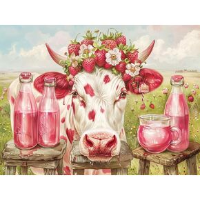 Ginfonr DIY 5D Diamond Art Kits for Adults, Cow Diamond Painting for Adults, Diamond Art Strawberry Milk Full Drill, Diamond Art Kits Embroidery Rhinestone Craft for Home Wall Decor 12 * 16 Inch