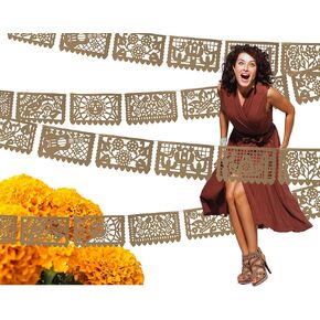Papel Picado Banner Plastic (Brown) Mexican Plastic Banner 3 Pack Medium, Mexican Themed Party Decorations for Parties and Weddings, Ideal for Indoor and Outdoor Fiestas