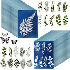 40 Sheets Sun Print Paper Cyanotype A5 Paper, Cyanotype Printing Art Paper for Arts Crafts DIY, High Sensitive Paper 5.8 x 8.3 in Art Craft DIY Kit 23 Template & 1 Pcs Clear Sleeve