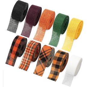 10 Rolls 50 Yard Fall Plaid Burlap Ribbon Rolls 1 Inch Gift Wrapping Ribbon Autumn Decorative Ribbon for DIY Crafts Wreath Bow Making Supplies Home Decor