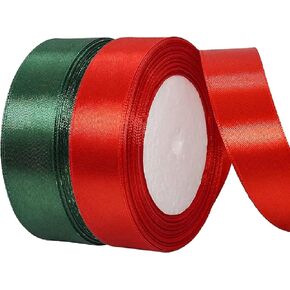 2 Rolls 25 Yards Red Green Ribbon, 25mm Wide Christmas Ribbon Double Sided Craft Fabric Satin Ribbon for Wedding Holiday Gift Wrapping Decoration