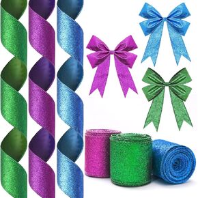3 Rolls Christmas Peacock Ribbon Peacock Color Ribbon for Wreath Bows Wrapping Gifts Glitter Peacock Ribbon for Gift Wrapping Party Supplies Decoration DIY (Blue Green Purple, 2.5" X 10 Yard)
