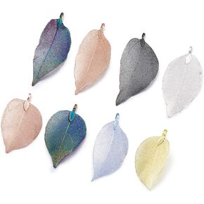 Panadhall 10pcs Large Hole Natural Real Filigree Leaf Pendants Charms 1.97~3.15x0.79~1.38 Inch with Copper Plated Iron Bail for Necklace Jewelry Making