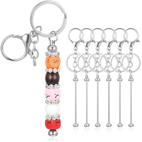 Mabor Beadable Keychains, 6 Pcs Bead Keychain Bars for Keychain Making Blank Beaded Metal Keychain for Craft Keychain Kit DIY Handmade Gift (Silver Color)