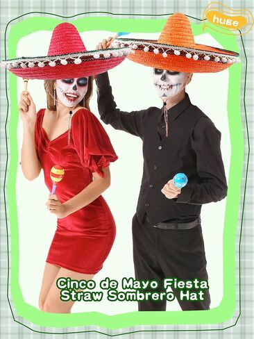 2 Pcs Giant Mexican Sombrero Straw Hat Cinco de Mayo Sombrero Hat Fiesta Sombrero Hat for Adult Teen Mexican Party Favors in Kuwait