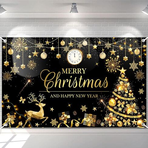 Avezano Merry Christmas Happy New Year Banner Christmas Black Gold Banner Happy New Year Banner Merry Christmas and Happy New Year Banner for Christmas and New Years Decorations 70.8 x 43.3 Inch in Saudi Arabia