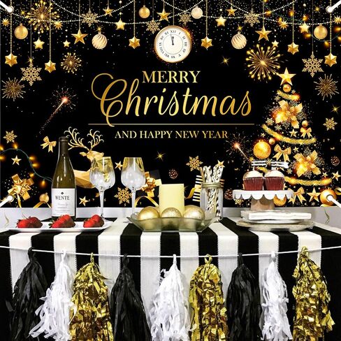 Avezano Merry Christmas Happy New Year Banner Christmas Black Gold Banner Happy New Year Banner Merry Christmas and Happy New Year Banner for Christmas and New Years Decorations 70.8 x 43.3 Inch in Saudi Arabia