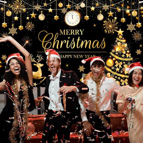 Avezano Merry Christmas Happy New Year Banner Christmas Black Gold Banner Happy New Year Banner Merry Christmas and Happy New Year Banner for Christmas and New Years Decorations 70.8 x 43.3 Inch in Saudi Arabia