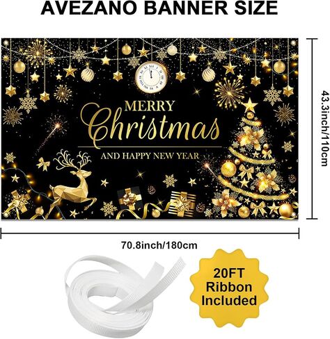 Avezano Merry Christmas Happy New Year Banner Christmas Black Gold Banner Happy New Year Banner Merry Christmas and Happy New Year Banner for Christmas and New Years Decorations 70.8 x 43.3 Inch in Saudi Arabia