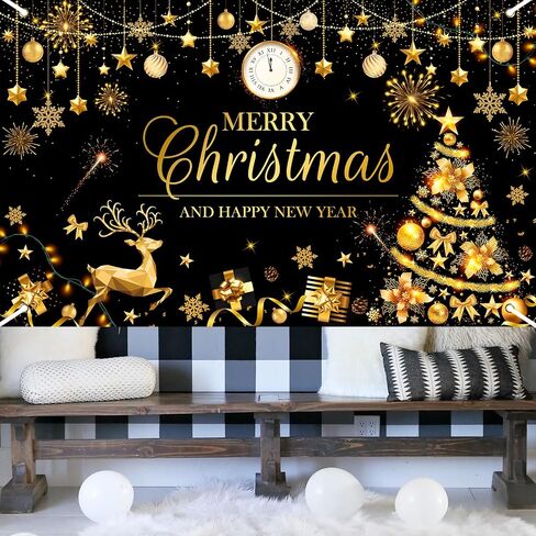 Avezano Merry Christmas Happy New Year Banner Christmas Black Gold Banner Happy New Year Banner Merry Christmas and Happy New Year Banner for Christmas and New Years Decorations 70.8 x 43.3 Inch in Saudi Arabia