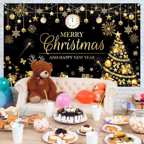 Avezano Merry Christmas Happy New Year Banner Christmas Black Gold Banner Happy New Year Banner Merry Christmas and Happy New Year Banner for Christmas and New Years Decorations 70.8 x 43.3 Inch in Saudi Arabia