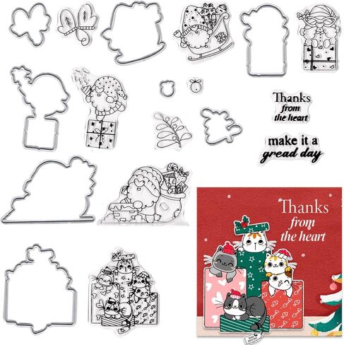 Christmas Cutting Dies with Clear Stamps Christmas Cats Gifts Die Cuts Stamps and Dies for Card Making Words Cutting Dies with Stamps for Christmas DIY Scrapbooking Album Card Photo Craft Decoration in Saudi Arabia