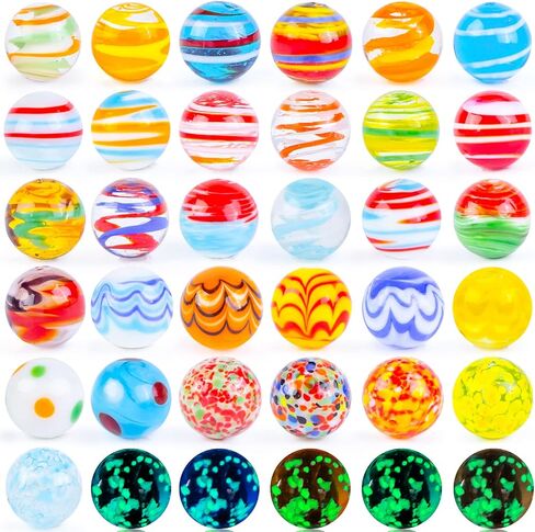 MCPINKY 36PCS Glass Marbles for Kids, Including 31 Colorful Assorted Marbles 5 Glow in The Dark Marbles Marbles Bulk Large Marbles Play Marbles Marble Run Accessories for Boys and Girls in Kuwait