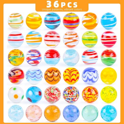 MCPINKY 36PCS Glass Marbles for Kids, Including 31 Colorful Assorted Marbles 5 Glow in The Dark Marbles Marbles Bulk Large Marbles Play Marbles Marble Run Accessories for Boys and Girls in Kuwait