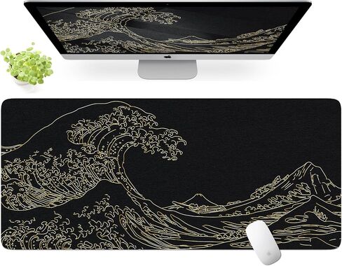 iLeadon Felt Desk Mat, Japanese Sea Wave Large Mouse Pad, No Bad Smell Felt Mouse Pad with Stitched Edges, 3mm Thick 35.4x15.7 inch Felt Desk Pad Mat, Black Mouse Pad for Gaming Work, Black Gold in Saudi Arabia