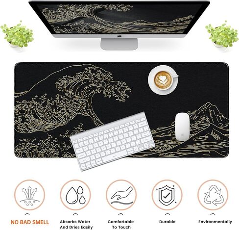 iLeadon Felt Desk Mat, Japanese Sea Wave Large Mouse Pad, No Bad Smell Felt Mouse Pad with Stitched Edges, 3mm Thick 35.4x15.7 inch Felt Desk Pad Mat, Black Mouse Pad for Gaming Work, Black Gold in Saudi Arabia