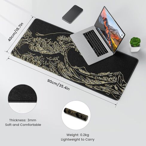 iLeadon Felt Desk Mat, Japanese Sea Wave Large Mouse Pad, No Bad Smell Felt Mouse Pad with Stitched Edges, 3mm Thick 35.4x15.7 inch Felt Desk Pad Mat, Black Mouse Pad for Gaming Work, Black Gold in Saudi Arabia