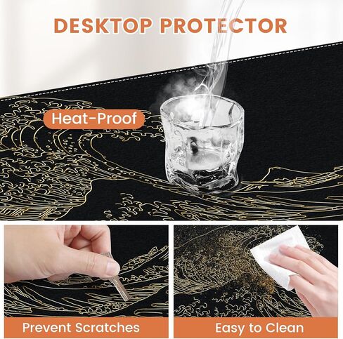 iLeadon Felt Desk Mat, Japanese Sea Wave Large Mouse Pad, No Bad Smell Felt Mouse Pad with Stitched Edges, 3mm Thick 35.4x15.7 inch Felt Desk Pad Mat, Black Mouse Pad for Gaming Work, Black Gold in Saudi Arabia