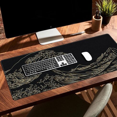 iLeadon Felt Desk Mat, Japanese Sea Wave Large Mouse Pad, No Bad Smell Felt Mouse Pad with Stitched Edges, 3mm Thick 35.4x15.7 inch Felt Desk Pad Mat, Black Mouse Pad for Gaming Work, Black Gold in Saudi Arabia