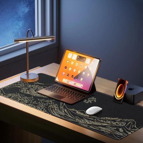 iLeadon Felt Desk Mat, Japanese Sea Wave Large Mouse Pad, No Bad Smell Felt Mouse Pad with Stitched Edges, 3mm Thick 35.4x15.7 inch Felt Desk Pad Mat, Black Mouse Pad for Gaming Work, Black Gold in Saudi Arabia