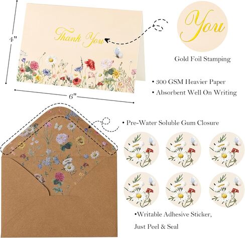Crisky Vintage Floral Thank You Cards with Envelopes & Stickers 50 Pack Wildflower Thank You Cards Bulk for Birthday, Baby Shower,Bridal Shower, Wedding, Graduation, Business in Saudi Arabia