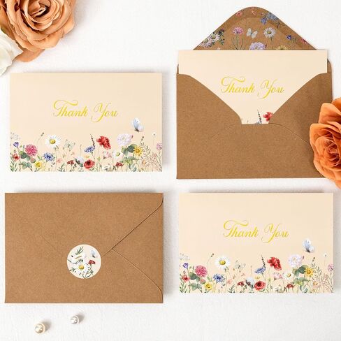 Crisky Vintage Floral Thank You Cards with Envelopes & Stickers 50 Pack Wildflower Thank You Cards Bulk for Birthday, Baby Shower,Bridal Shower, Wedding, Graduation, Business in Saudi Arabia