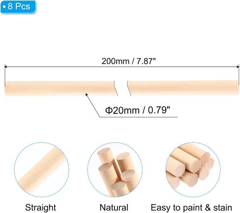 PATIKIL 7/9x5.91inch Wooden Dowel, 8 Pcs Dowel Rod Wood Dowels Wood Sticks Unfinished Round Hardwood for Crafts DIY Home Decor 20mm x 150mm in Saudi Arabia