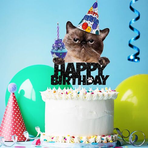 غلاف كعكة عيد ميلاد سعيد للقطط - لوازم تزيين لامعة سوداء للحفلات بطابع الحيوانات الأليفة in Saudi Arabia
