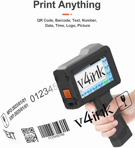 v4ink BT-HH6205B Handheld Inkjet Printer, 16H Endurance, 0.5in Print Height, Print Number Text Barcode QR-Code Logo Image on Clothes Carton Plastic Tube Glass Metal, Any Flat or Curved Surfaces in Kuwait