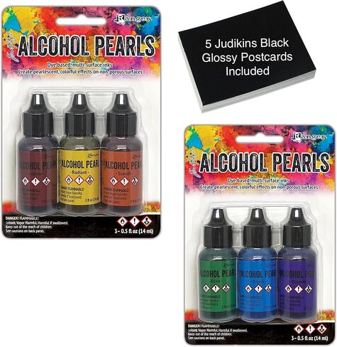 Tim Holtz Ranger Alcohol Ink Pearls Kits 5 and 6, Released 2022, Intense, Radiant, Scorch, Elixir, Divine, Opulent Plus 5 Judi Kins Black Glossy Postcards in Saudi Arabia