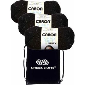 Caron Knitting Yarn Simply Soft Party Black Sparkle 3-Skein Factory Pack (Same Dyelot) H97PAR-7 with Knitting Project Bag