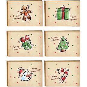 6-Pack Christmas Cards Set, Vintage Hand-Drawn Xmas Cards Gifts with Envelopes, Cute Holiday Cards Featuring Snowman, Tree, Gingerbread, and Gift Designs, Funny Chirstmas Cards for Kids Boys Girls Adults