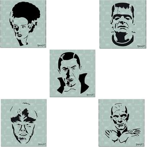 Halloween Monsters 5 Pack Stencil Set, Pumpkin Stencils, Halloween Motifs, Includes Dracula, Frankenstein, Bride, Werewolf, Mummy, Each Measure 5.75 x 6
