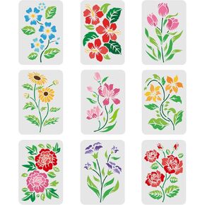 FINGERINSPIRE 9pcs Flower Stencils for Painting 11.7x8.3 inch Flower & Leaves Drawing Template Reusable Flower Stencil DIY Stencils for Painting on Wood, Floor, Wall and Tile
