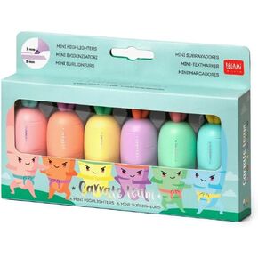 Legami HC0001 Set of 6 Mini Highlighters, Carrate Team, Carrot Shape Highlighters, Water Based Inks, for Fine and Thick Lines, Pastel Colours, Quick Drying