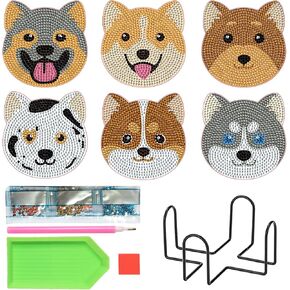 DCIDBEI Diamond Art Coasters Kit 6 Pcs Dog Diamond Painting Coasters Kit Cork Diamond Art Coasters with Holder Animal Diamond Painting Kits for Beginners Adults Kids Diamond Art Crafts Supplies