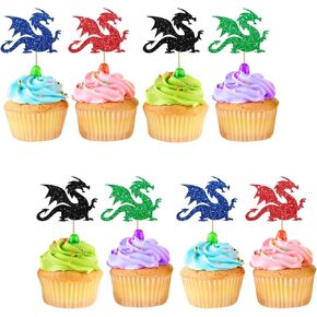 24pcs Dragon Cupcake Toppers, Medieval Dragon Cupcake Toppers, Colorful Glitter Jungle Animal Dragon Cupcake Picks for Baby Shower, Boys Birthday Party Supplies