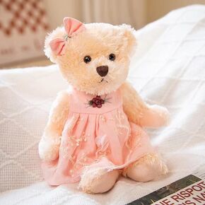 Small Teddy Bear Stuffed Animal in a Dress, Cute Soft Plush Toy, Cuddly Gift for Babies, Boys, Girls on Christmas or Valentine's Day (10 inches, Pink Orange Dress)