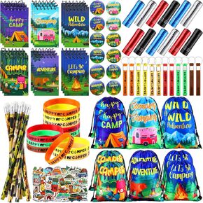 Zhanmai 140 Pcs Camping Party Favors Include Silicone Bracelets, Stickers, Camping Keychain, Badge, Camouflage Pencils, Spiral Camp Adventure Theme Notepads Drawstring Bags Mini Flashlight for Kids