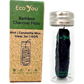 Bamboo Charcoal Dental Floss | 2 Refills + Refillable Metal Holder | Mint & Candelilla Wax | Vegan & Biodegradable