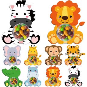 Jungle Safari Animals Party Favor Jungle Animals Candy Box with 24PCS Cute Zoo Animals Cards and Transparent Plastic Candy Domes for Kids Happy Birthday Baby Shower Wild One Party Candy Holder