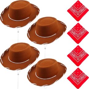 4 Pack Kids Cowboy Hat with 4 pack Bandana Felt Cowboy Hat for Boys Grils Western Theme Birthday Party Costume