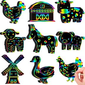 RoundFunny 80 Pcs Farm Animal Scratch Cards Farmhouse Crafts Kids Colorful Scratch Paper for DIY Art Kit with 80 Pcs Stick and Ribbon for Party Ornaments Favors