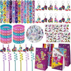 134 Pcs Roller Skate Party Favors Set with Straws Keychains Slap Bracelet Tattoo Roller Skate Stickers Wristbands Goodie Bags Roller Skating Party Supplies Skate Party Decorations