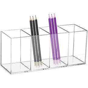 Acrylic Pen Holder Clear Pencil Organizer Makeup Brush Holder Countertop Desk Accessory Storage (3 Compartments)