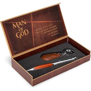 Dicksons Man of God 2 Piece Metal Woodgrain Ballpoint Pen and Leatherette Keychain Gift Boxed Set