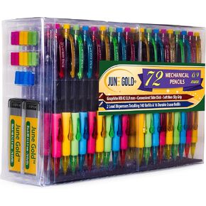 June Gold 72 Mechanical Pencils, 0.9 mm HB #2 Lead, 2 Lead Dispensers/w 160 Refills & 16 Refill Erasers, Break Resistant Lead, Convenient Side Click & Soft Non-Slip Grip