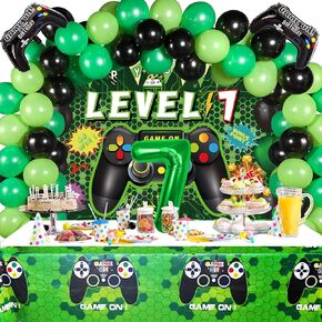 Vlipoeasn 90PCS Video Game Party Decorations for Boys Set - Green 7th Birthday Supplies - 7th Video Game Backdrop, Balloons, Tablecloth, Gamer and Foil Balloons